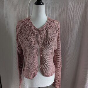 Vintage Pink Crochet Floral pearl Cardigan Sweater Cottage core Grandma Soft